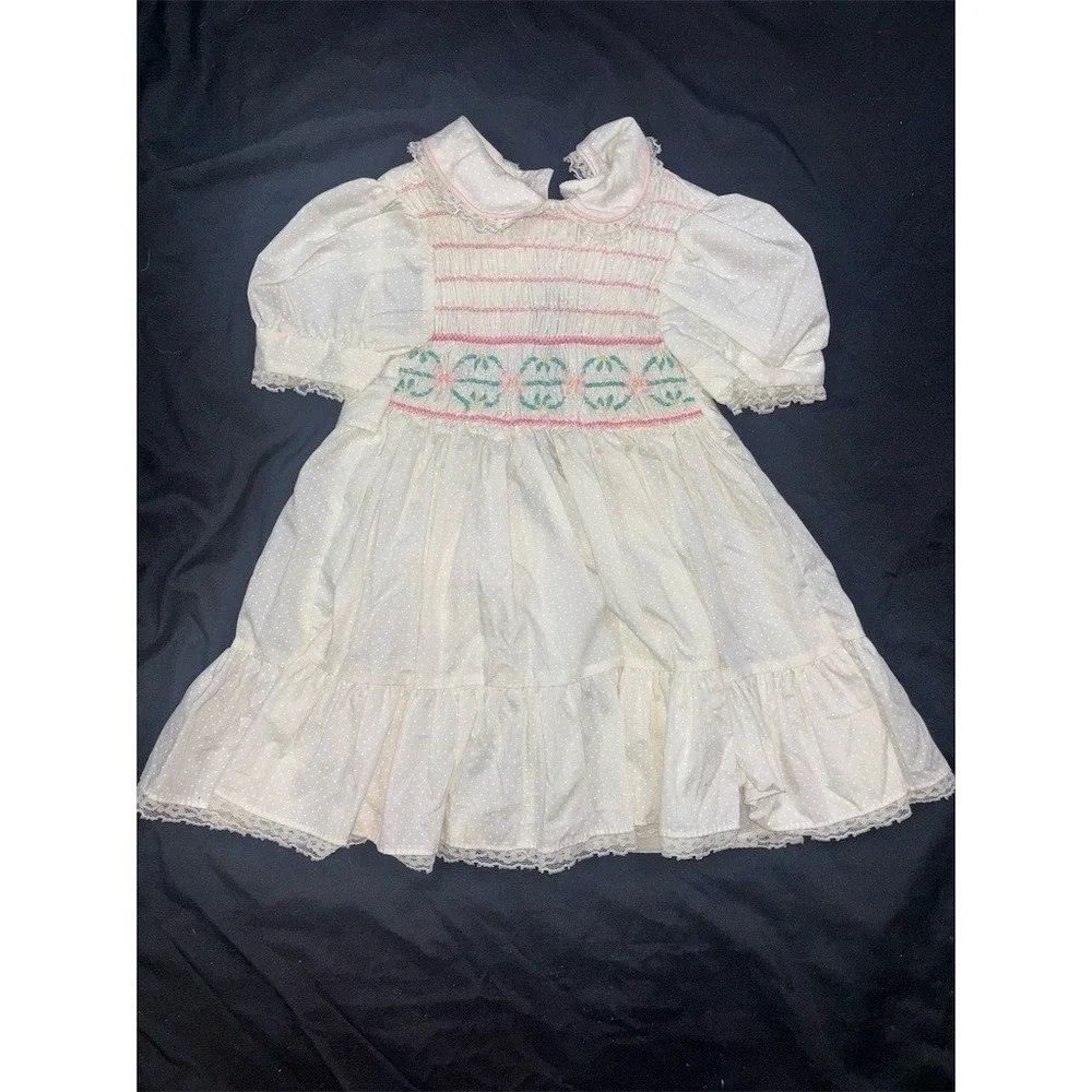 Polly Flinders Girls Dress 2T White Smocked Swiss Dot Pink vintage christening